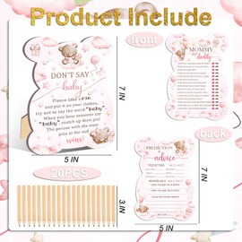 61 Pcs Baby Shower Game Set, Included Predictions advice, Mommy or Daddy, Gender Reveal Supplies, 1 Don't Say Baby Sign 20 Pencils 20 Clothespin, Pink Bear Baby Shower Party Decorations
