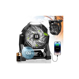 Hiketrax Camping Fan Black with LED Lantern, 30000mAh Rechargeable Battery Operated Fan with 3 Speeds & Digtal, Personal USB Table for Camping Essential ＆ Hurricane-Ready