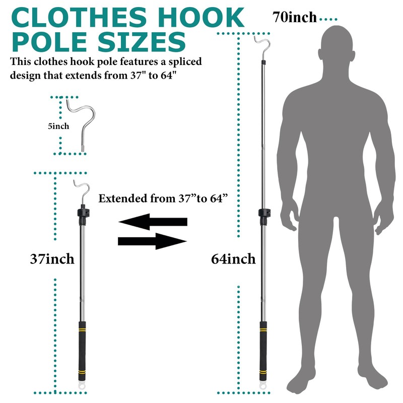 Clothes Hanger Reaching Hook, 37" to 64" Clothes Hook Pole