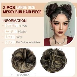 Qunlinta 2 PCS Large Messy Bun Hair Piece, Thick Wavy Curly Hair Bun Scrunchies Extensions Synthetic Chignon Updo Hairpieces for Women Girls Dark Brown Mix Ash Blonde