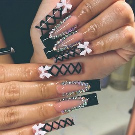 Black French Tips Press on Nails Long Square False Nails with Pink Bow Charm Design Glossy Colorful Rhinestones Fake Nails Ballerina Glue on Nail Acrylic Stick on Nail for Women Girls Manicure 24Pcs