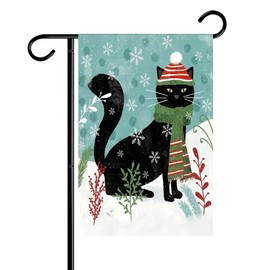 Black Cat in Snow With Green Scarf Red Hat Double Sided Garden Christmas Flag 12x18 Fall Yard Decor, Outdoor Garden Welcome Flag for Lawn, Patio Sign