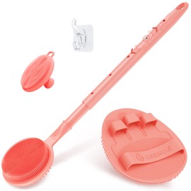 GEENOA Silicone Back/Face Scrubber & Soft Bath Glove 3PCS, 16''- 24'' Extendable Shower Scrubber, 360° Anti-Slip & Hand-fit Silicone Body Scrubber, Manual Face Scrubber for All-Round Cleaning(Pink)