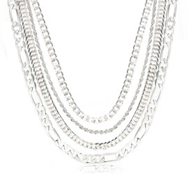 UILZ Solid 925 Sterling Silver Necklace 4pcs Silver Necklace Set with Silver Rope Figaro Cuban Link Chain 16/18/20/22 Inch Men Jewelry Gifts for Dad Husband