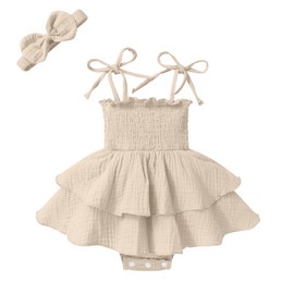 YOUNGER TREE Baby Girl Clothes Infant Summer Romper Dress Sleeveless Bodysuit Jumpsuit with Headband Toddler Outfits (Apricot, 0-3 Months)