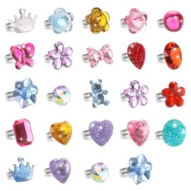 Hifot 24 pcs Girls Crystal Adjustable Rings, Princess Jewelry Finger Rings with Heart Shape Box, Girl Pretend Play and Dress up Rings for Children Kids Little Girls - Random