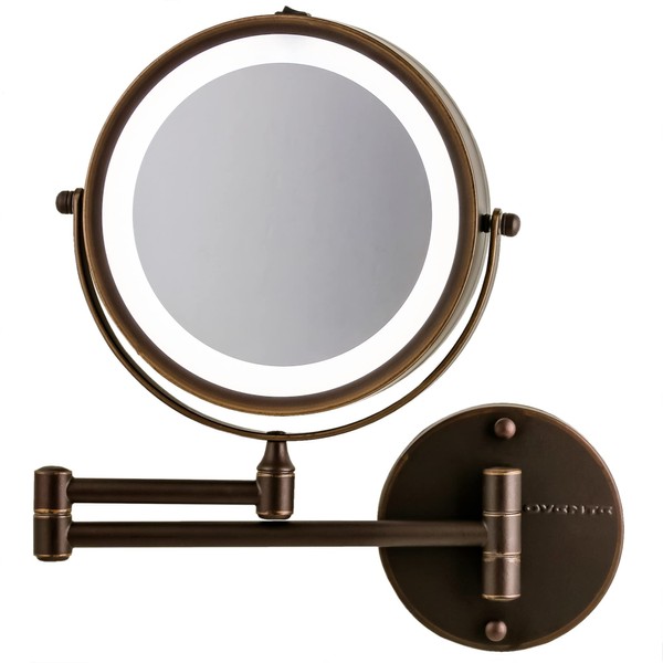 Ovente 6.8" Lighted Wall Mount Makeup Mirror, 1X & 10X Magnifier, Adjustable Double Sided Round LED, Extend, Retractable & Folding Arm, Compact & Cordless, Battery Powered Antique Bronze MFW70ABZ1X10X