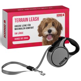 KONG Rollable Dog Lead in 5 m Length, for Medium Dogs up to 30 kg, Size M, High-Quality Roller Lead with Break & Lock System in Grey, Comfortable Lead with Soft Grip and Reflective Strap