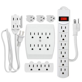 ELECTERY 7 Piece Power Value Pack Multi-Outlet Kit Set Includes 6 Outlet Power Strip, 6 Outlet Extender, 3 Outlet Extender, 5 Ft Indoor Extension Cord, 3 Pcs 3 to 2 Prong Adopters, White