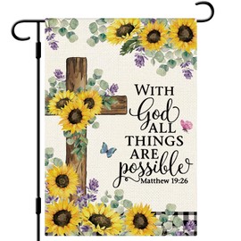DLZDN With God All Things are Possible Garden Flag Sunflower Religious Cross Garden Flag 12×18 Inch Double Side Vertical Burlap Christian Farmhouse Yard Flag Seasonal Outdoor House Decoration