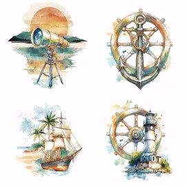 SUPERDANT 4 x Adventure Heat Transfer Stickers Lighthouse Iron-On Transfers with Sailing Boat Motif for Iron-On Patches Stickers Washable Heat Transfer Paper for Hoodies T Shirts Jackets Decoration