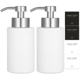 Foaming Soap Dispenser Set, 12 Oz Glass Hand Soap Dispenser with 304 Rust Proof Stainless Steel Pump, Waterproof Labels, for Bathroom Decor Kitchen College Dorm, White Silver Pump 2 Pack