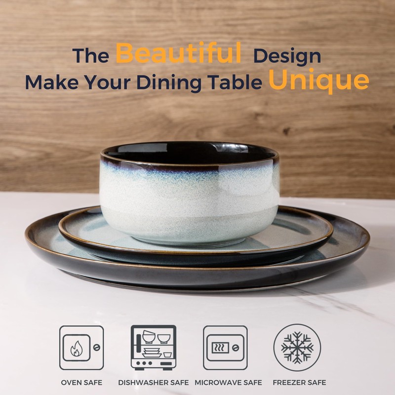 LeRATIO Ceramic Dinnerware Set of 4, Poreclain Plates, Bowls, Handmade