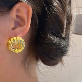 Inilbran Boho Shell Ear Jacket Earrings Gold Museschell Stud Vintage Textured Cowrie Sea Conch Front Back Jewellery for Women, Zinc