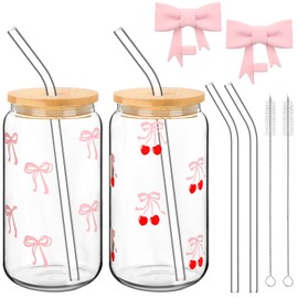 Skylety Set of 2 Coquette Bow Glass Cup 16oz Pink Bow Glass Cup with Lids and Straws Reusable Pink Bow Silicone Straw Toppers Lids Protectors 2 Brush for Drinking Coffee Boba Tea Cocktail (Cherry Bow)