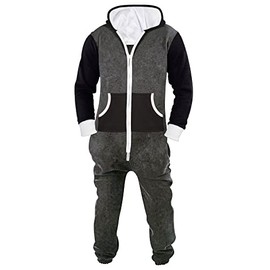 Mens Jumpsuit Non Footed Pajama Unisex One Piece Playsuit Adult Onesie With Hood Char-Black M