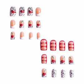 BABALAL Square Press on Nails Medium Fake Nails White French Tip Glue on Nails Cherry Red Acrylic Nails Rhinestone False Nails 24Pcs Squoval Manicure Stick on Nails Glossy Artificial Nails
