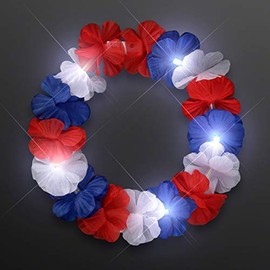 FlashingBlinkyLights Red, White & Blue LED Hawaiian Lei Floral Headband- Patriotic Light Up Flower Crown for 4th of July