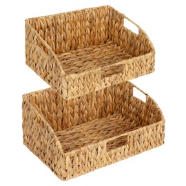 StorageWorks Pantry Baskets for Organizing, Water Hyacinth Baskets for shelves with Built-in Handles, Pantry Organizers and Storage, Set of 2 (Large and Medium)