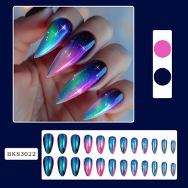 LOPMNGHT Plating Press on Nails Medium Almond Shaped Aurora False Nails Stars Sky Design Full Cover Coffin Nails Artificial Stick on Nails Glossy Glue on Nails for Women DIY Manicure Kit 24Pcs