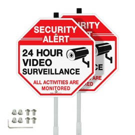 Faittoo Security Sign Video Surveillance Sign with 36" Stake for Outside, 2-Pack 12"x12" Rust Free Heavy Aluminum, Reflective, Fade Resistant, 2 pre-drilled holes, Includes Matching Screws & Wrench,