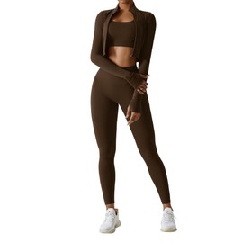 OMEWEE Workout Outfits for Women 3 Piece Long Sleeve Zip Up Cropped Jacket, Sports Bra and Tummy Control Leggings Brown M