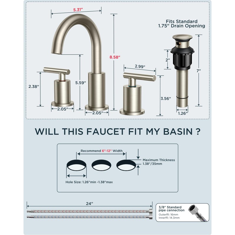 FORIOUS Brushed Nickel Bathroom Faucet 3 Hole Vanity with Metal