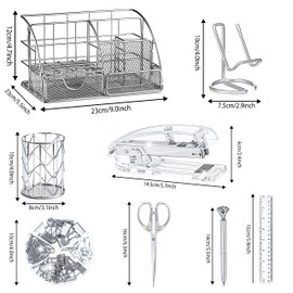 KAAKOW Silver Desk Organizers and Accessories Office Supplies Set Stapler, Pen Holder, Phone Holder, Scissors, Pen, Ruler, 30 Paper Clips, 22 Binder Clip, 20 Tacks and 1000pcs Staples