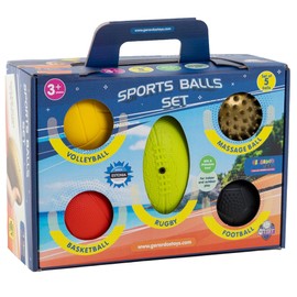 GERARDO'S Toys Small Ball Set with 5 Different Sports Balls - Massage Ball, Mini Basketball, Mini Football, Rugby Ball and Volleyball Ball. BPA and Phthalate Free Mini Play Ball Set