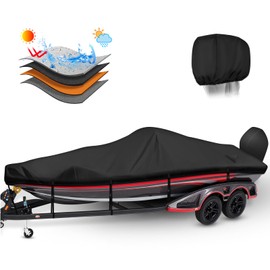 Cerumute Boat Cover,Heavy Duty 600D Waterproof Boat Covers 14-15.8ft with Motor Cover Fits Bass,V-Hull,Tri-Hull,Runabout Boat,Black