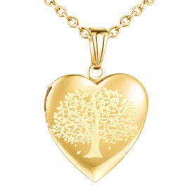 CPSLOVE Heart Photo Necklace Pendant, Stainless Steel Women's Girl's Necklace, Tree of Life Memorial Necklace, Can Open and Place Photos, Carving The Tree of Life Pattern