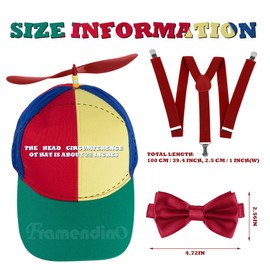 Framendino, Rainbow Propeller Hats Detachable Helicopter Top Cap Baseball Hat with Y Back Style Suspenders Bow Tie for Adult, Red & Blue, One Size