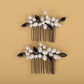 BERYUAN Black Rhinestone Pearls Wedding Hair Comb Pearls Bridal Wedding Headpiece Dainty Pearls Hair Comb Pearls Hair Side Comb Crystal Wedding Comb for Women Girls(2pcs) (black)