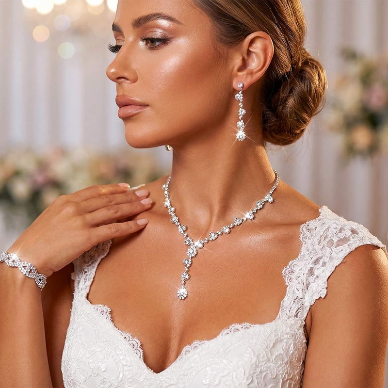 Aukmla Rhinestone Wedding Prom Jewelry Sets Silver Diamond Necklaces and