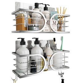 Adurei Shower Caddy No Drill Wall Mounted 304 Stainless Steel Durable Large Capacity Adhesive Shower Rack Organiser Quick Dry Rustproof Bathroom Storage Shelves - 2 Pack (Silver)