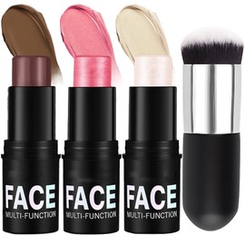 Contour Stick, 3Pcs Cream Contour Highlighter Blush Stick Set with Brush, Waterproof Long-Lasting Blendable Makeup Kit for Defined Cheekbones and Radiant Skin