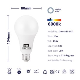TBE LIGHTING 20W LED A80 Bulb - E27 Standard Screw Fitting, 150w Equivalent Non-Dimmable Energy Saving LED A80 Bulb, 1800 Lumen Output, 20,000Hrs Life Expectancy (6000K Daylight White)