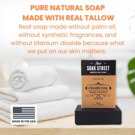 Soak Street Real American Soap with Activated Charcoal & Tea Tree Oil (3 Pack) – Long-Lasting, Moisturizing Natural Bar Soap with Grass Fed Tallow, Gentle Conditioning Lard, & Coconut Oil – Daily Use