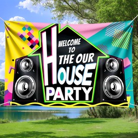 Retro 80s 90s Welcome to Our House Party Backdrop Banner, Old School Boombox Stereo Themed Background for Birthday, Hip Hop Party Decor, Photo Booth Studio Photography 72x43 Inch