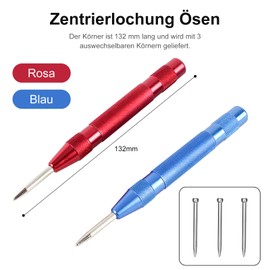 Automatic Centre Punch, Pack of 2 Automatic Centre Punch with 3 Replacement Tips, Automatic Hole Punch, Automatic Spring Punch, Adjustable Tension Spring Centre for Metal, Wood, Glass, Thin Steel