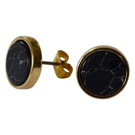 CHICNET Women's and Men's Stud Earrings Made of Stone Zinc Alloy, Gold, Round Minimalist Geometric 12 mm, Like Marble Turquoise Malachite in Green Light Blue White Black black