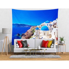BELECO Greece Tapestry Wall Hanging 80x60 Inch Greece Scenery Santorini Island Oia Village Scenic Tapestry Greek Party Decorations Blue Sky Aegean Sea Tapestry for Bedroom Living Room Dorm Decor