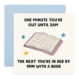 Funny Birthday Card – 'Bed by 9PM with a Book' – Greeting Card for Book Lovers, Friends, Family, Him,Her, Men, Women– Indication of Growing Old