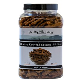Sesame Sticks Snacks Honey Roasted 1 lb. - By Medley Hills Farm in Reusable Container - Fresh honey roasted sesame sticks - Sweet and Salty Flavored snacks