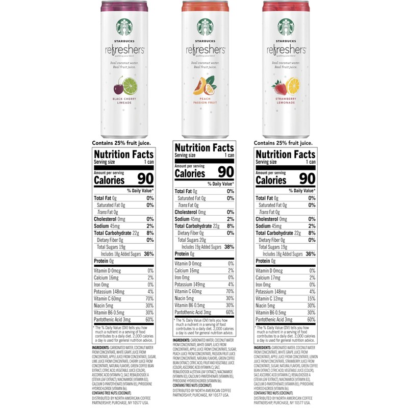 Starbucks Refreshers, 3 Flavor Variety Pack (Peach,Cherry, Stw Lmd), 12