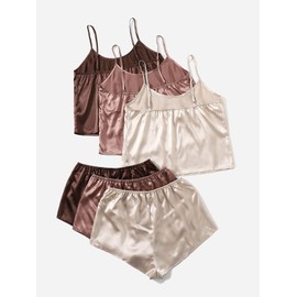 GORGLITTER Women's 3 Sets Silk Pajama Set Sleeveless V Neck Crop Cami Top and Shorts Satin Pjs Sleepwear Sets Beige Pink Brown X-Large