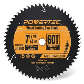 POWERTEC 7-1/4 Inch Circular Saw Blade, 60T, 5/8" Arbor, ATB Carbide Teeth - Thin Kerf Carbide Tipped Wood Cutting Blade, Fast Crosscutting for Softwood & Hardwood (14016)