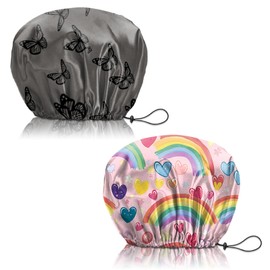 Deokke 2 PCS Shower Cap Reusable Large Waterproof Adjustable Double Layer Elastic Dry Hair Bathing Caps Aesthetic Cute for Women Girls-Butterfly Rainbow