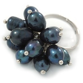 Avalaya Peacock Coloured Freshwater Pearl Cluster Ring In Silver Tone - Adjustable