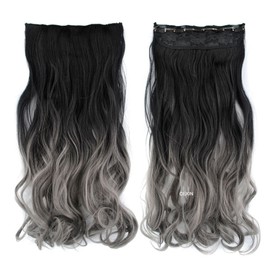 LESUN Super Long Curl Long Straight Western Style Namami Perm Curl Gradient Color Extensions Black + Gray 2 Kinds of Hair Styles (Black+Gray (Curl))